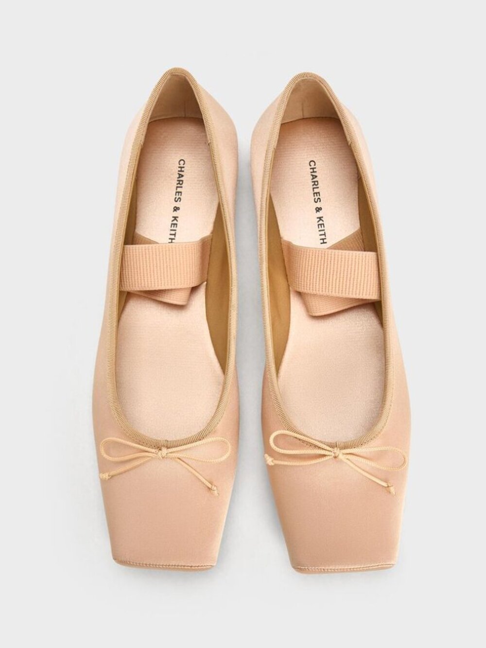 Charles & Keith Satin Square-Toe Mary Jane Ballet Flats - Nude Pink - US6